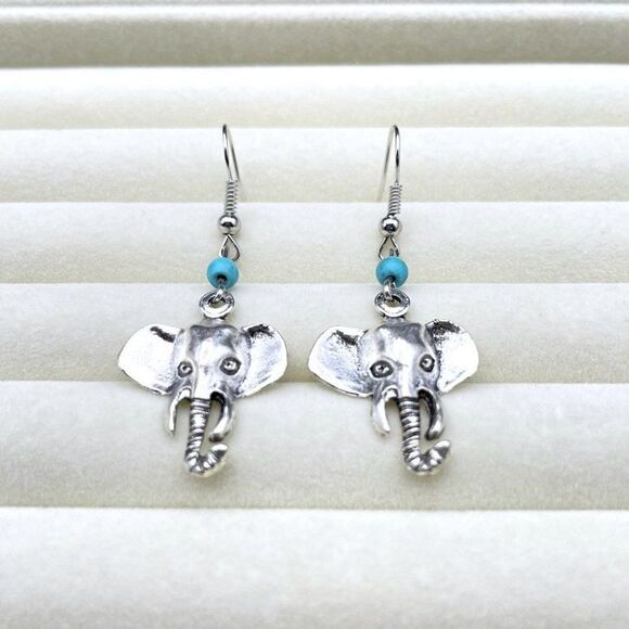 Silver Lucky Elephant and Blue Turquoise Beaded Boho Dangling Drop Hook Earrings - Picture 4 of 8